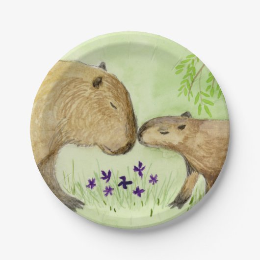 Moeder en Baby Capybara Papieren Bordje (Voorkant)