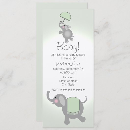 Moeder en Baby Elephant Green Baby shower Uitnodig Kaart (Voorkant / Achterkant)