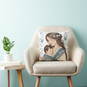 Moeder en Baby Kunst – Illustratie met bloemendek  Kussen