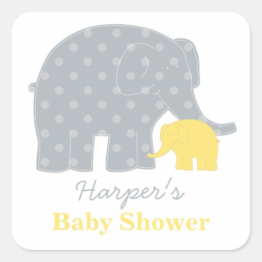 Moeder en Baby Olifant Douche Geel en Grijs Vierkante Sticker (Voorkant)