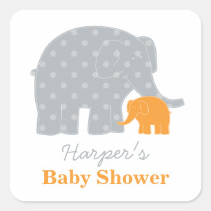 Moeder en Baby Olifant Douche Sinaasappel en Grijs Vierkante Sticker