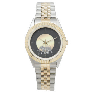 Moeder en baby olifant in de ondergaande zon horloge