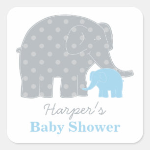 Moeder en Baby Olifant Jongen Douche Blauw en Grij Vierkante Sticker