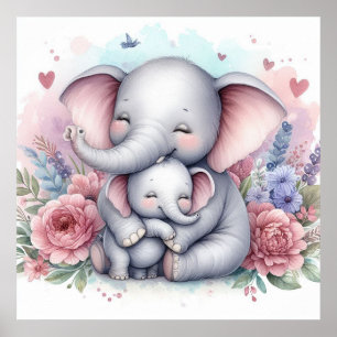 Moeder en Baby Olifant Poster