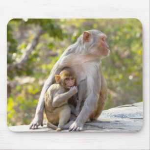 Moeder en baby Rhesus Macaque apen aan de muur Muismat