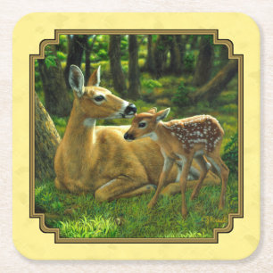 Moeder en Baby Whitetail Herten Geel Vierkante Kartonnen Onderzetter