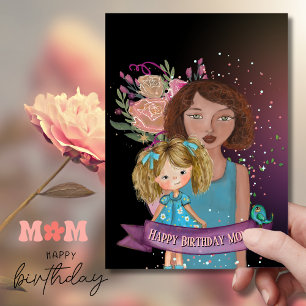 Moeder en Dochter Illustratie Bloemen Verjaardag K Feestdagenkaart