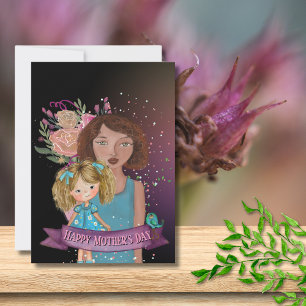 Moeder en dochter illustratie met bloemen feestdagenkaart