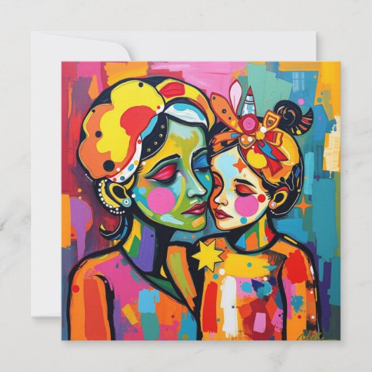 Moeder en dochter kleurrijke kunst Moederdag Kaart (Voorkant)