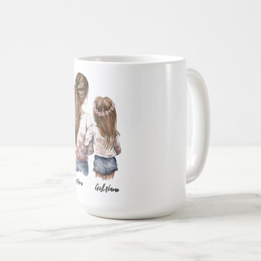 Moeder en dochter, lang haar, aangepaste naam koffiemok (Voorkant rechts)