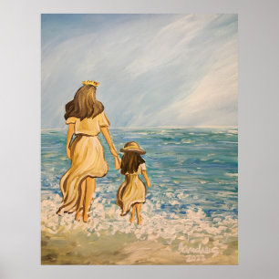 Moeder en dochter lopen op het strand poster