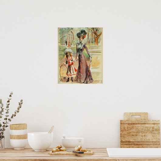 Moeder en dochter op een wandeling (kleurenlitho) poster (Keuken)