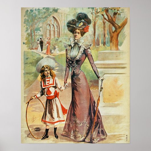 Moeder en dochter op een wandeling (kleurenlitho) poster (Voorkant)