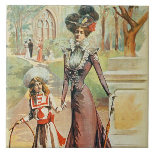 Moeder en dochter op een wandeling (kleurenlitho) tegeltje
