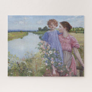 Moeder en kind door een rivier met wilde Rozen Legpuzzel