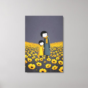 Moeder en kind hand in hand in een gouden bloem canvas afdruk
