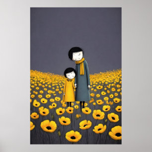 Moeder en kind hand in hand in een gouden bloem poster