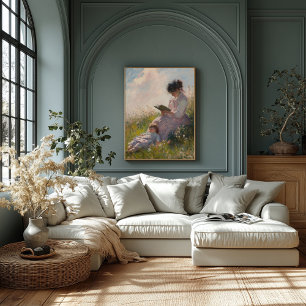 Moeder en kind in zonovergoten weide - Impressioni Poster
