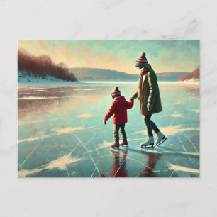 Moeder en kind schaatsen op een bevroren meer briefkaart