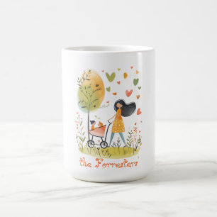 Moeder en tweeling op kinderwagen koffiemok