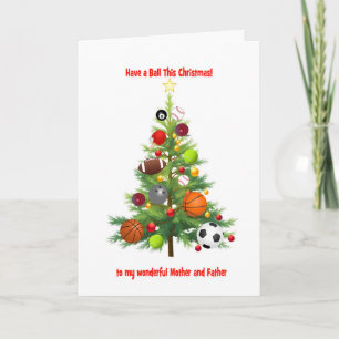 Moeder en vader kerstboom met ballen feestdagen kaart