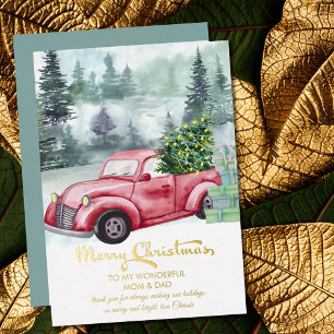 Moeder en Vader Vintage Rode Truck Kerstboom Goud Folie Feestdagenkaart