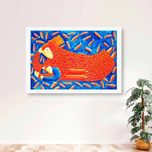 Moeder en zoon met goudvis schilderen canvas afdruk