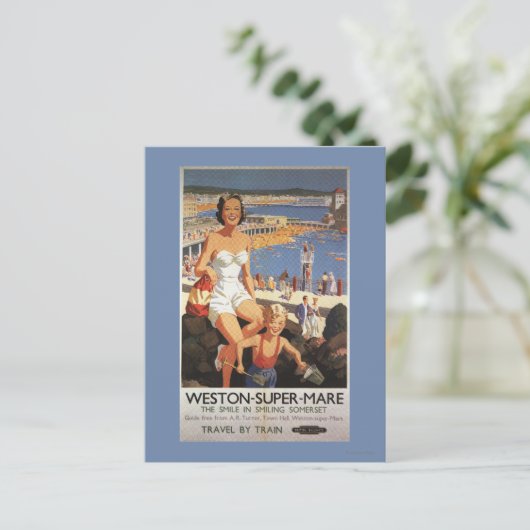 Moeder en zoon op het strand Poster Briefkaart (Staand voorkant)