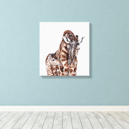 Moeder Giraffe met Baby Giraffe Canvas (Insitu (Houten vloer))