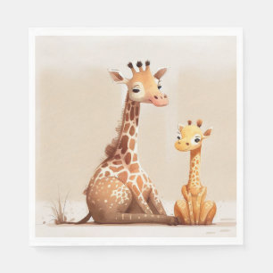 Moeder Giraffe met Baby in Waterverf Servet