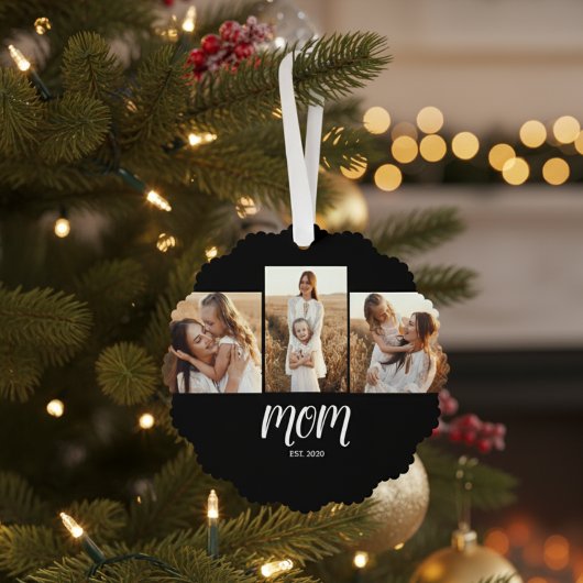 Moeder heeft modern schrift zwart 3 foto ornament kaart