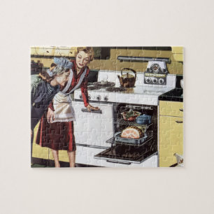  moeder in de keuken kookt een paasham legpuzzel