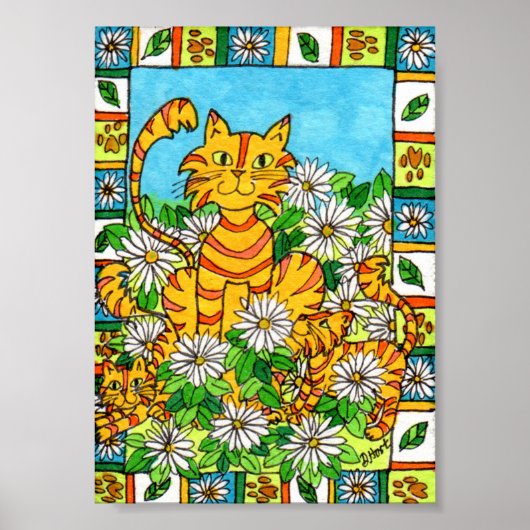 Moeder kat en Kittens in Daisy Patch Mini Folk Art Poster (Voorkant)