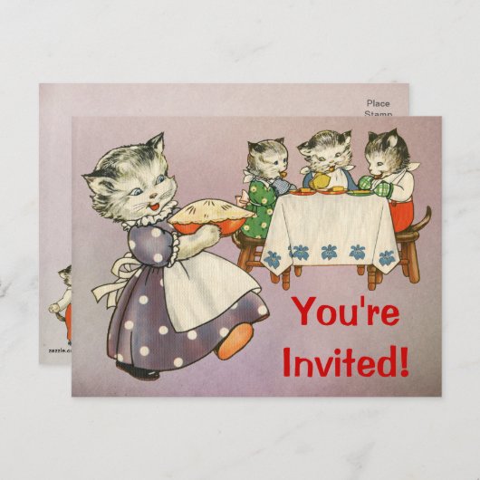 Moeder kat & Kittens Eating Pie - partijuitnodigin Uitnodiging Briefkaart (Voorkant / Achterkant)