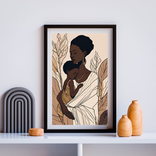 Moeder & Kind Afro Lijnkunstprint Poster