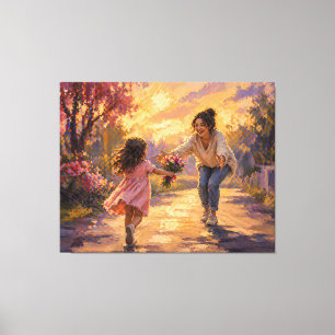 Moeder Kind Rennend Met Bloemen Canvas Kunst