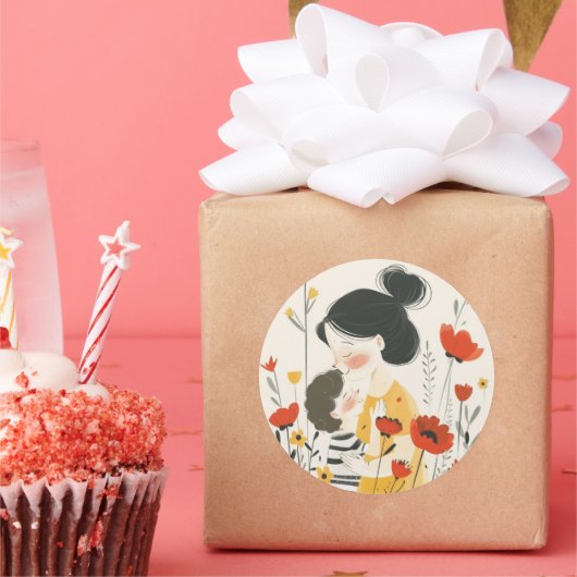 Moeder knuffelen haar zoon ronde sticker (Feest)