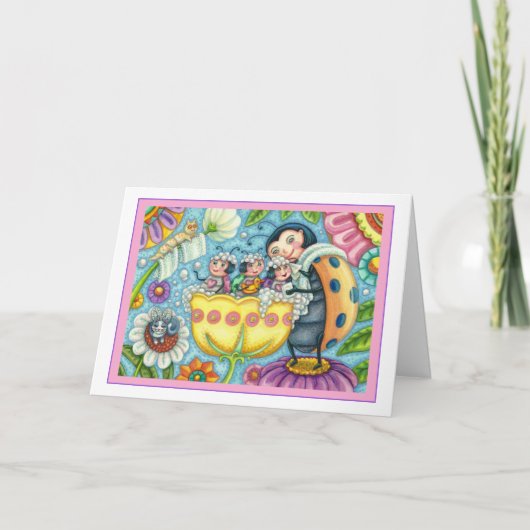 MOEDER LADYBUG EN KINDEREN, TULIP BUBBLE BATH FEESTDAGEN KAART (Voorkant)