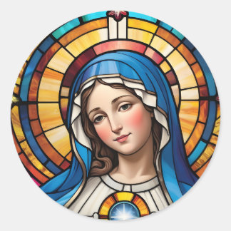 Moeder Maria Kleurrijk Glas in lood Maagd Maria Ronde Sticker