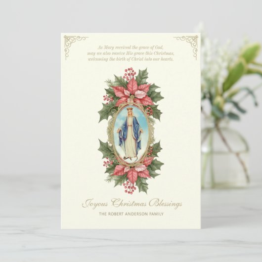 Moeder Maria Poinsettia Katholiek Gebed Feestdagenkaart (Staand voorkant)