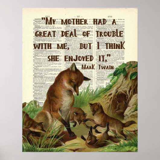 Moeder Mark Twain Fox Art Antiek Dictionary Pages Poster (Voorkant)