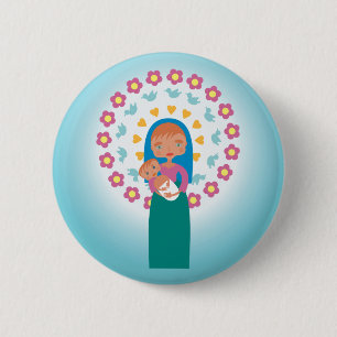 Moeder Mary en Baby Jesus onder blauwe hemel Ronde Button 5,7 Cm