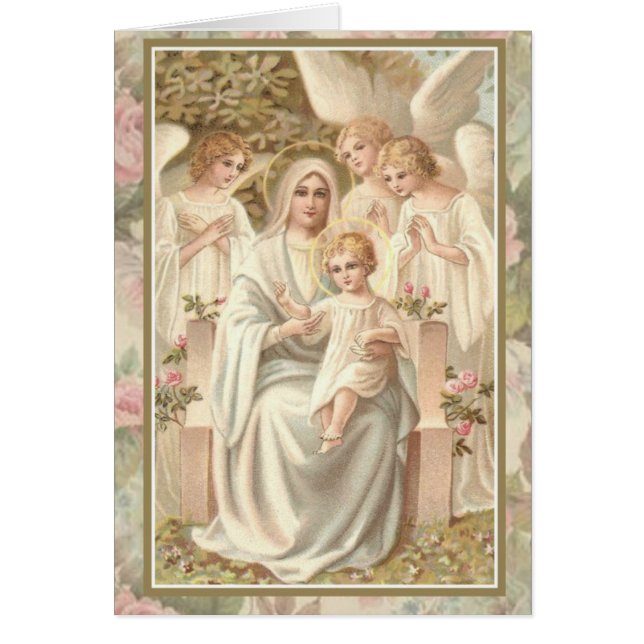 Moeder Mary w Jesus and Angels Card Pastel Rozen! (Voorkant)