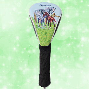Moeder met bruine Baby paarden Houten hekwerk Golfheadcover