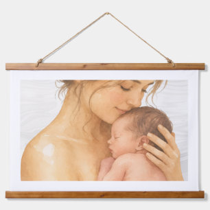 Moeder met pasgeboren baby waterverf wanddecoratie hangend wandkleed