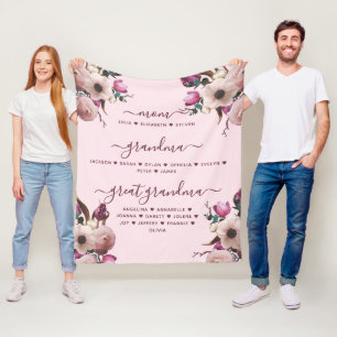 Moeder Oma & Overgrootmoeder Met Namen Bloemstuk Fleece Deken