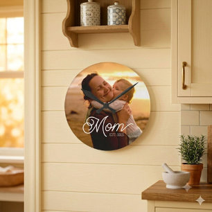 Moeder Opgericht Zwart Modern Wit Script Foto Ronde Klok