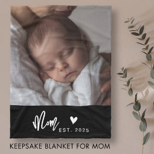 Moeder Oprichtte Modern Zwarte Script Foto Hart Fleece Deken