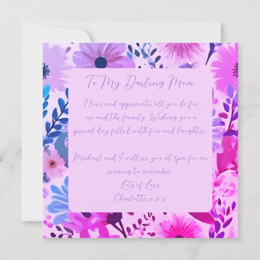 Moeder roze, blauw en paarse bloemen Moederdag Kaa (Achterkant)