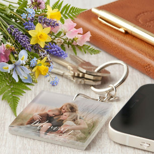 Moeder Stichtte Moderne Elegante Script Foto  Sleutelhanger